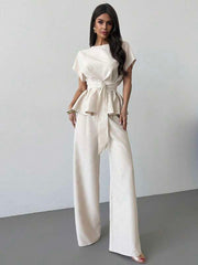 Women's Knot Collar Cinched Waist Button Blouse & High Waist Straight Wide Leg Pants