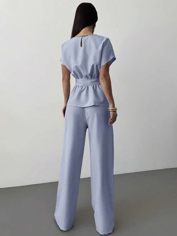 Women's Knot Collar Cinched Waist Button Blouse & High Waist Straight Wide Leg Pants
