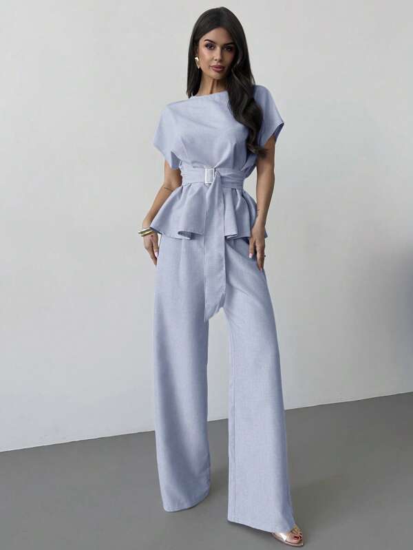 Women's Knot Collar Cinched Waist Button Blouse & High Waist Straight Wide Leg Pants
