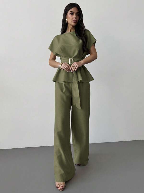 Women's Knot Collar Cinched Waist Button Blouse & High Waist Straight Wide Leg Pants