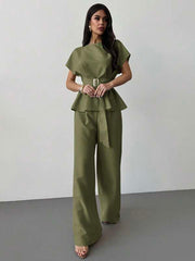 Women's Knot Collar Cinched Waist Button Blouse & High Waist Straight Wide Leg Pants