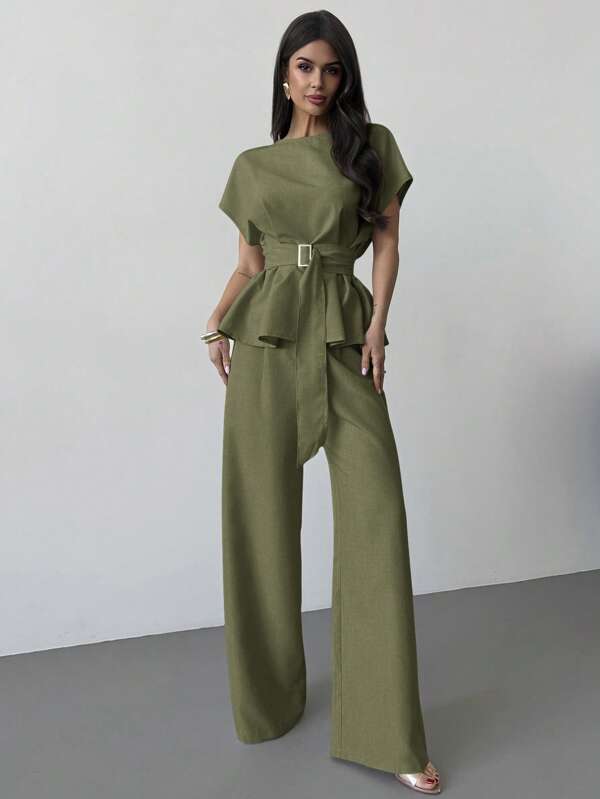Women's Knot Collar Cinched Waist Button Blouse & High Waist Straight Wide Leg Pants