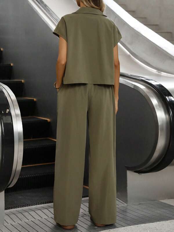 Women's Casual Solid Color Shirt & Pants 2 Pieces Set