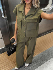 Women's Casual Solid Color Shirt & Pants 2 Pieces Set