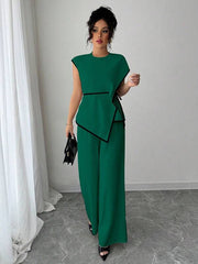 Women 2Pcs Set: Asymmetric Hem Top And Loose Wide Leg Pants