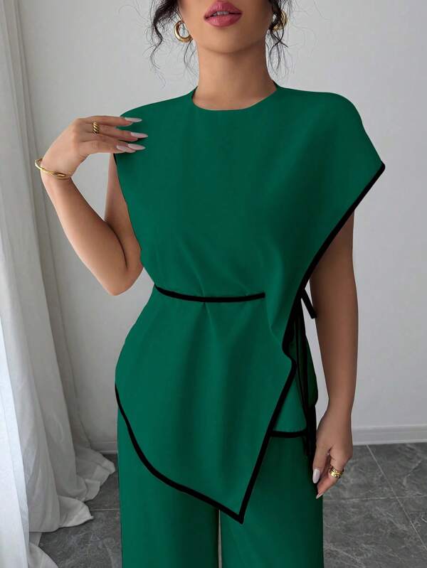 Women 2Pcs Set: Asymmetric Hem Top And Loose Wide Leg Pants