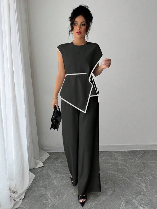 Women 2Pcs Set: Asymmetric Hem Top And Loose Wide Leg Pants