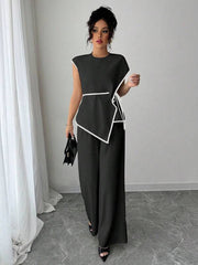 Women 2Pcs Set: Asymmetric Hem Top And Loose Wide Leg Pants