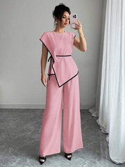Women 2Pcs Set: Asymmetric Hem Top And Loose Wide Leg Pants