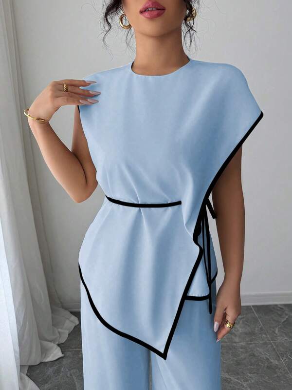 Women 2Pcs Set: Asymmetric Hem Top And Loose Wide Leg Pants