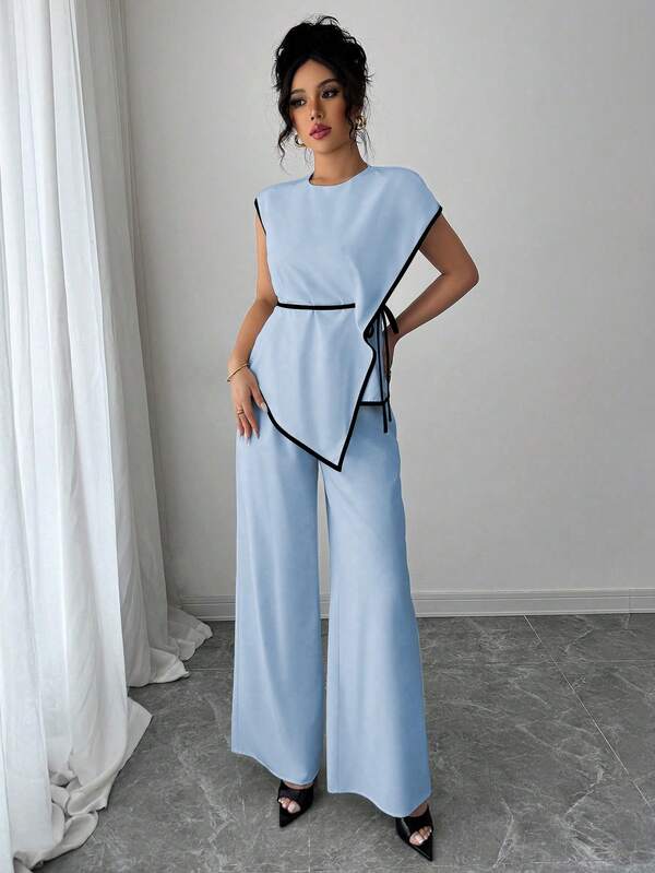 Women 2Pcs Set: Asymmetric Hem Top And Loose Wide Leg Pants