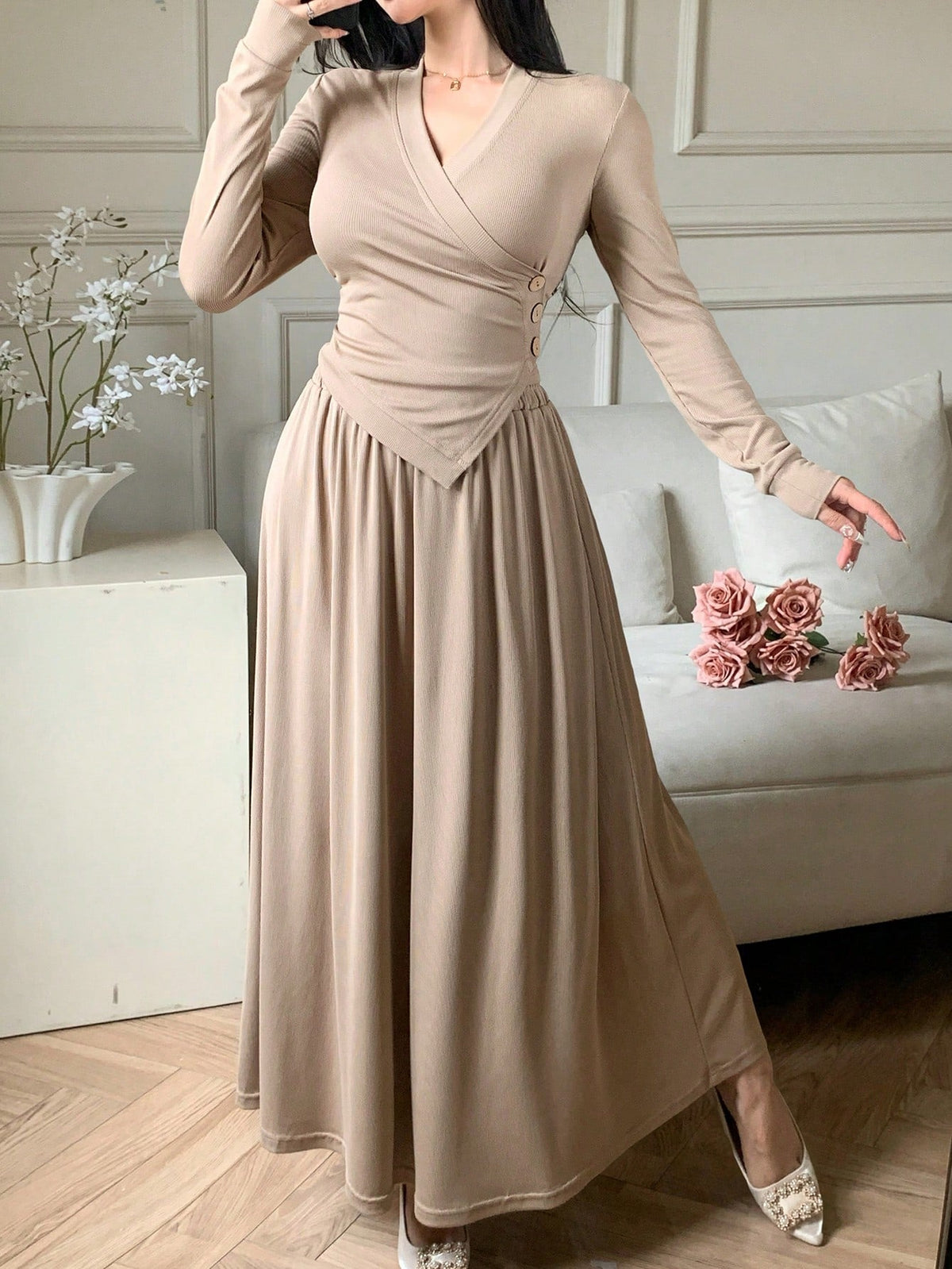 ASYMMETRIC HEM BUTTON FRONT TOP AND SKIRT SUIT