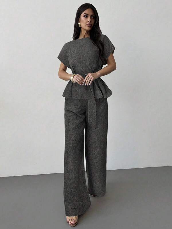 Women's Knot Collar Cinched Waist Button Blouse & High Waist Straight Wide Leg Pants
