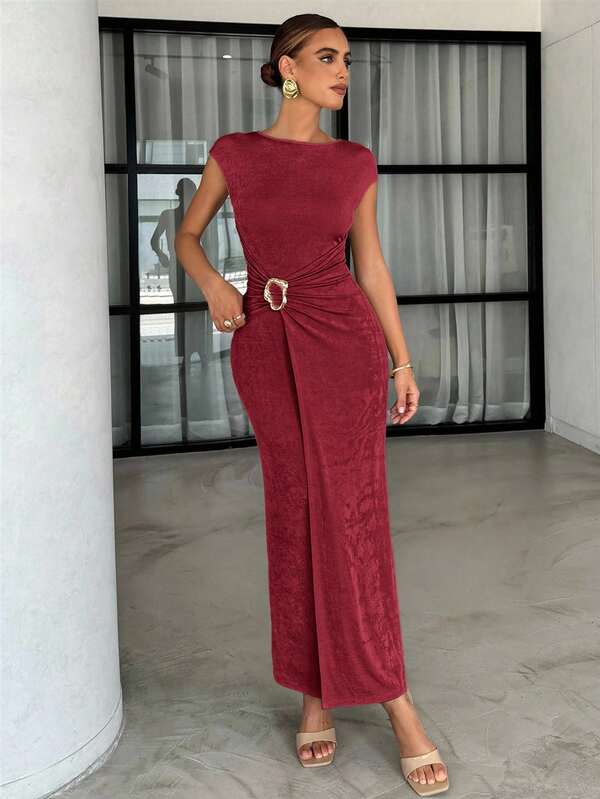 Women's Round Neck Short Sleeve Metal Decor Slim Fit Dress