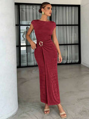 Women's Round Neck Short Sleeve Metal Decor Slim Fit Dress