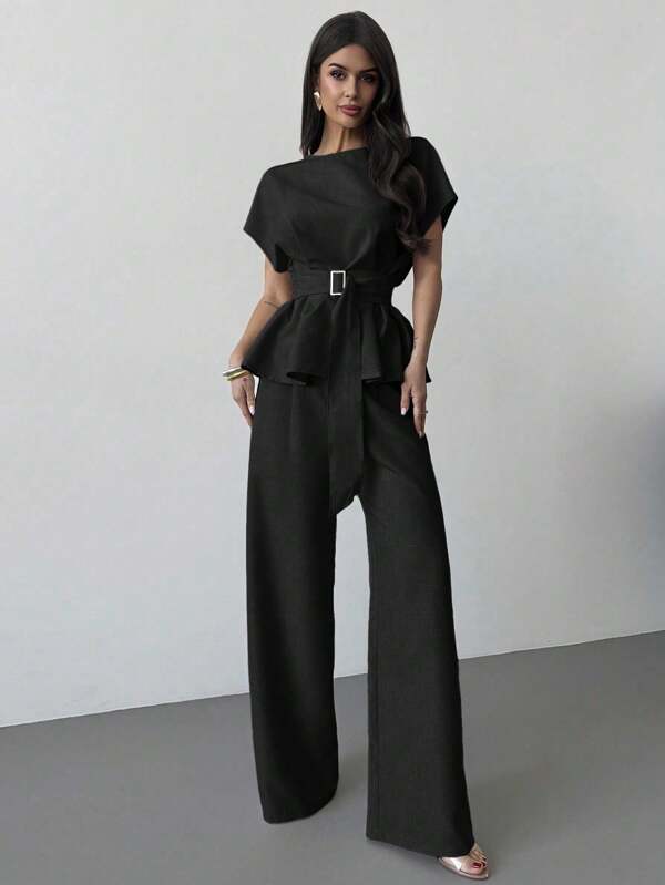 Women's Knot Collar Cinched Waist Button Blouse & High Waist Straight Wide Leg Pants