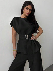 Women's Knot Collar Cinched Waist Button Blouse & High Waist Straight Wide Leg Pants