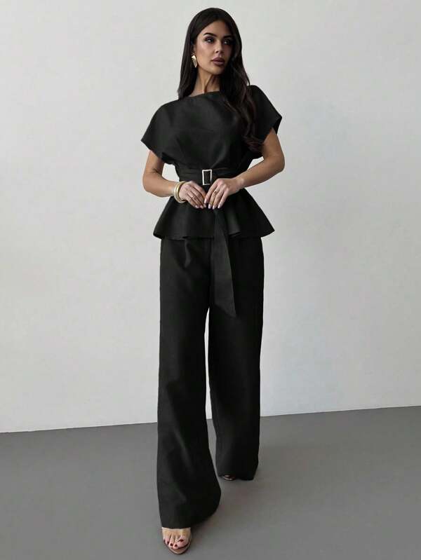 Women's Knot Collar Cinched Waist Button Blouse & High Waist Straight Wide Leg Pants