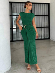 Women's Round Neck Short Sleeve Metal Decor Slim Fit Dress