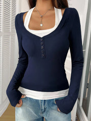 COLORBLOCK LONG SLEEVE CREW NECK TOP