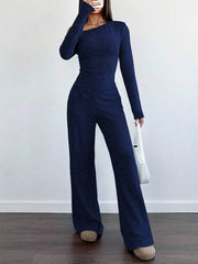 WOMEN'S ASYMMETRICAL NECK PLUSH T-SHIRT AND WIDE LEG CASUAL PANTS 2-PIECE SET