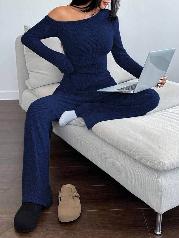 WOMEN'S ASYMMETRICAL NECK PLUSH T-SHIRT AND WIDE LEG CASUAL PANTS 2-PIECE SET