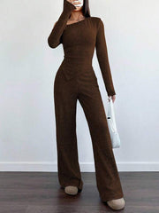 WOMEN'S ASYMMETRICAL NECK PLUSH T-SHIRT AND WIDE LEG CASUAL PANTS 2-PIECE SET