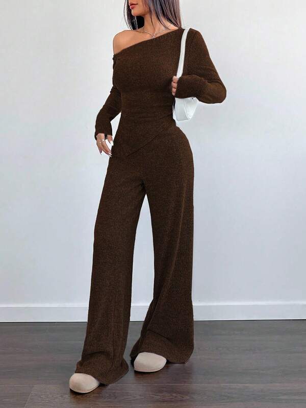 WOMEN'S ASYMMETRICAL NECK PLUSH T-SHIRT AND WIDE LEG CASUAL PANTS 2-PIECE SET