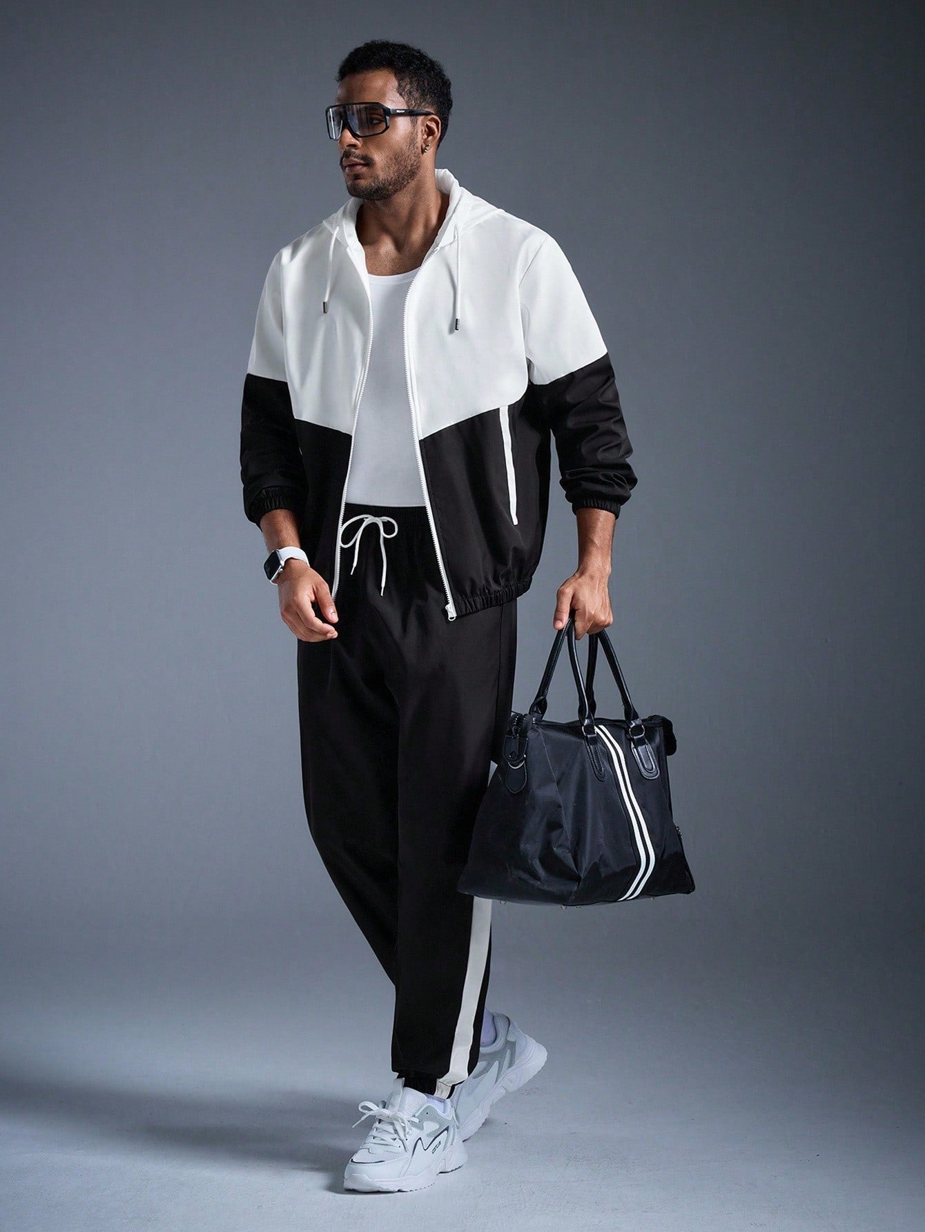 CONTRAST COLOR HOODED JACKET AND SWEATPANTS CASUAL SUIT