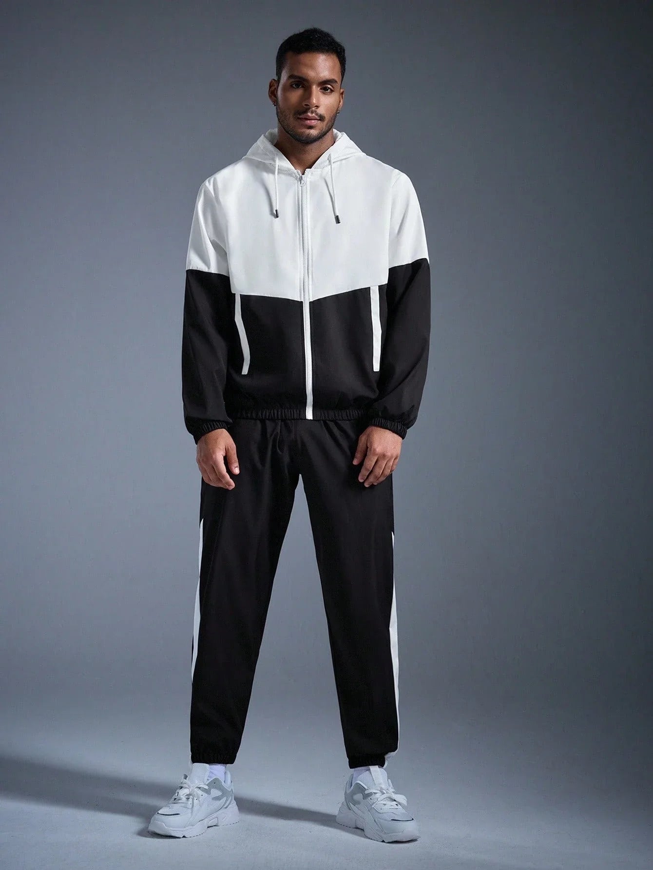 CONTRAST COLOR HOODED JACKET AND SWEATPANTS CASUAL SUIT