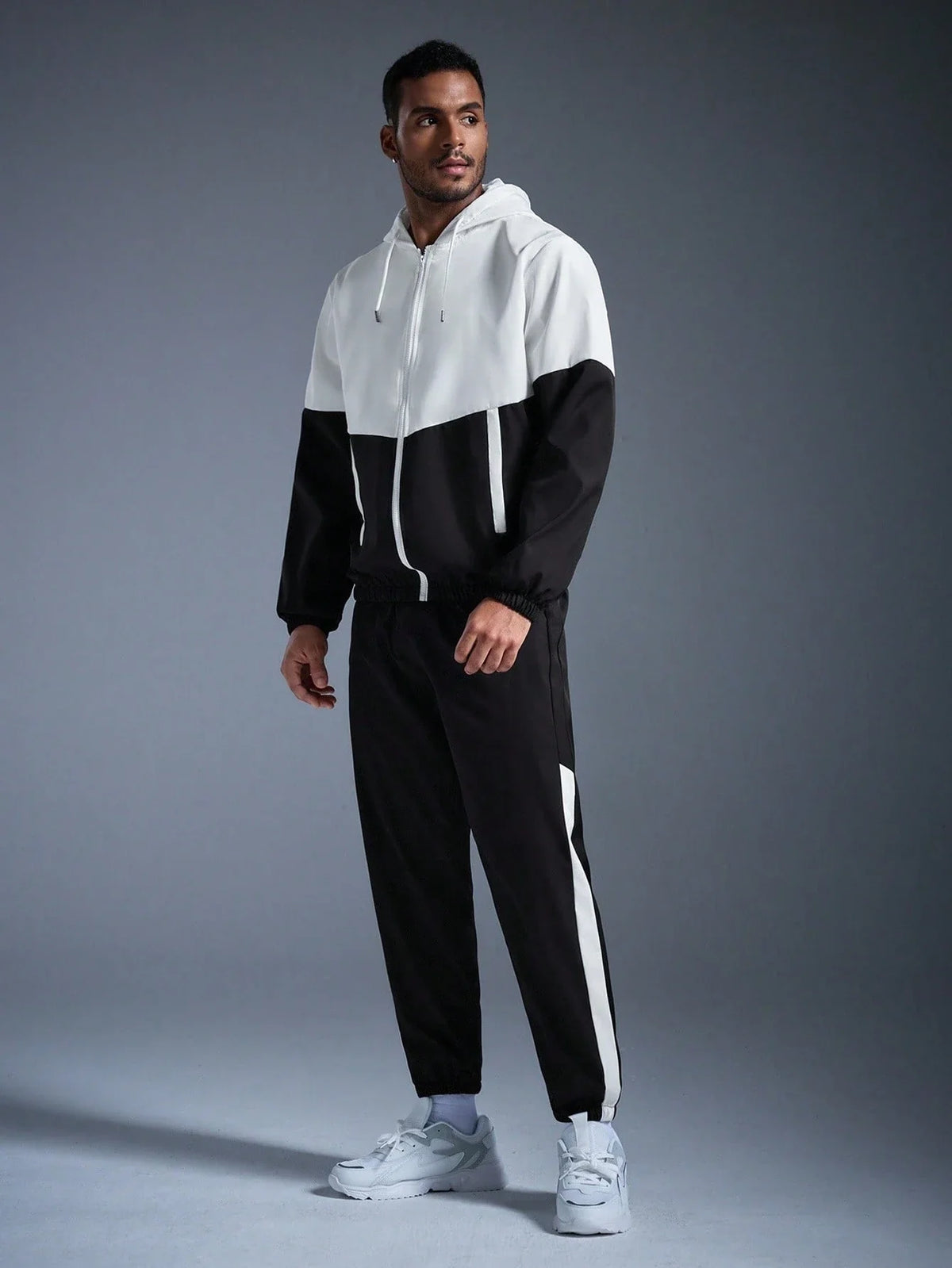 CONTRAST COLOR HOODED JACKET AND SWEATPANTS CASUAL SUIT