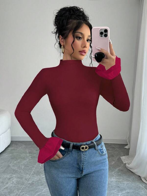 Mock Neck Color-Block Bell Sleeve Fitted T-Shirt