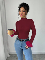Mock Neck Color-Block Bell Sleeve Fitted T-Shirt