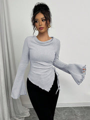 Women's Turtleneck Flare Sleeve Asymmetrical Hem Drawstring Top