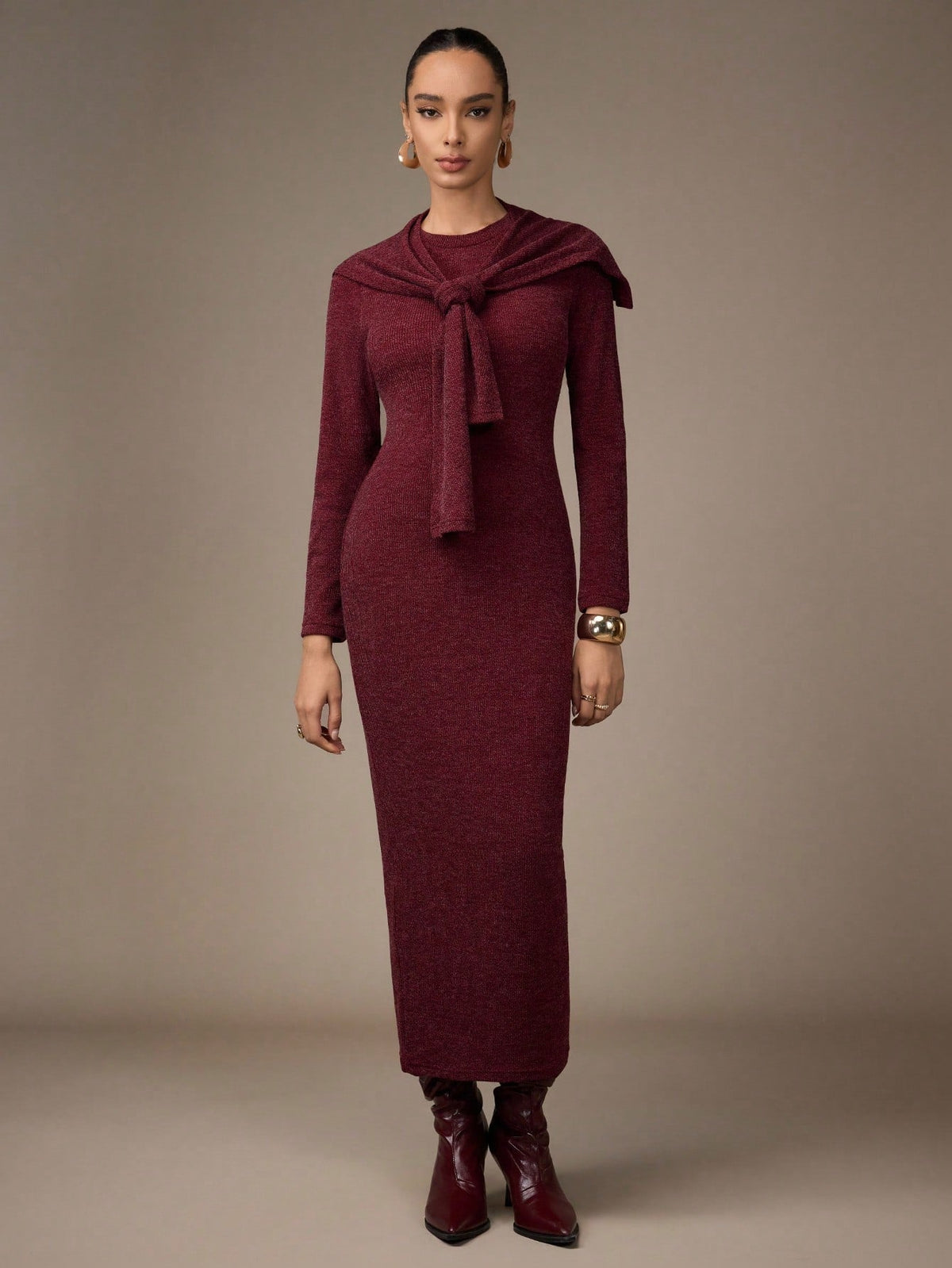 ROUND NECK FITTED LONG SLEEVE DRESS AND CLOAK
