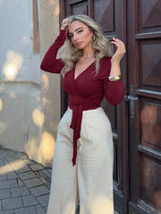 SOFT WRAP V-NECK LONG SLEEVE CROPPED TIGHT TOP