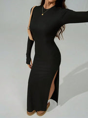 SIDE SLIT FITTED LONG SLEEVE DRESS