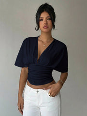 V-NECK SHORT SLEEVE KNIT TOP