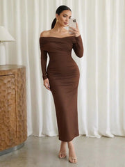 OFF SHOULDER LONG SLEEVE RUCHED FITTED MID-LENGTH DRESS