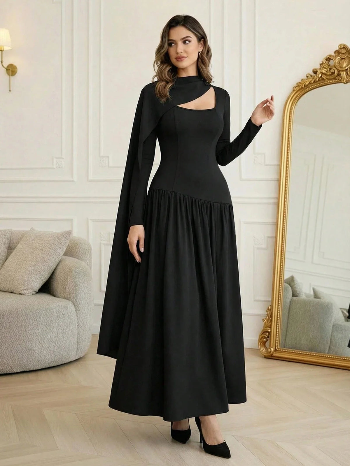 WOMEN'S ELEGANT SOLID COLOR DRESS WITH SASH