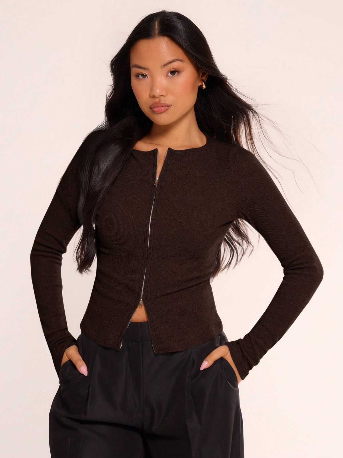 ZIP THROUGH CREW NECK LONG SLEEVE TOP