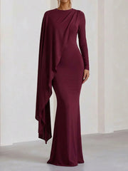 ELEGANT DRAPE CREW NECK WAIST LONG SLEEVE MAXI DRESS