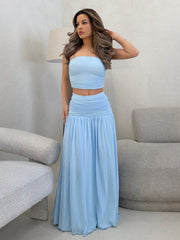 WOMEN BANDEAU TOP AND HIGH WAIST RUCHED MAXI SKIRT