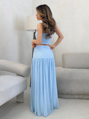 WOMEN BANDEAU TOP AND HIGH WAIST RUCHED MAXI SKIRT
