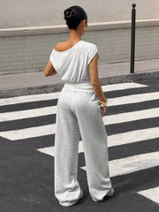 ASYMMETRIC NECK CINCHED WAIST TOP AND LOOSE PANTS SET