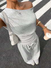ASYMMETRIC NECK CINCHED WAIST TOP AND LOOSE PANTS SET