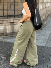 DRAWSTRING WAIST CONTRAST STRIPED CARGO WIDE LEG PANTS