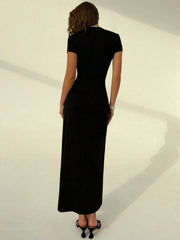 CONTRAST TRIM LONG SPLIT DRESS