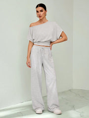 OFF-SHOULDER FITTED TOP AND LOOSE PANTS TWO-PIECE SET