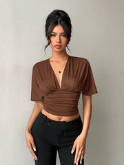 V-NECK SHORT SLEEVE KNIT TOP